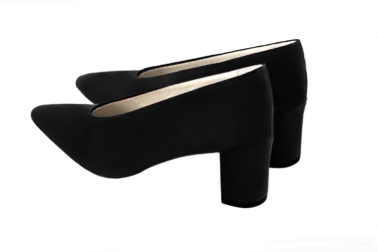 Matt black women's dress pumps, with a round neckline. Tapered toe. Medium block heels. Rear view - Florence KOOIJMAN