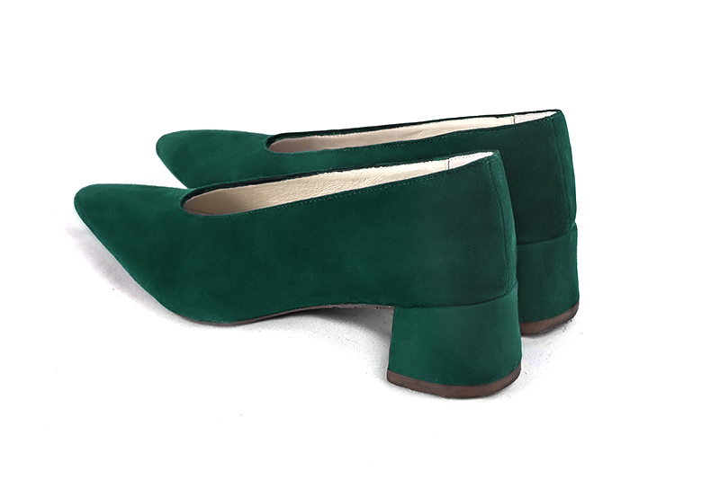 Forest green women's dress pumps, with a round neckline. Tapered toe. Low flare heels. Rear view - Florence KOOIJMAN