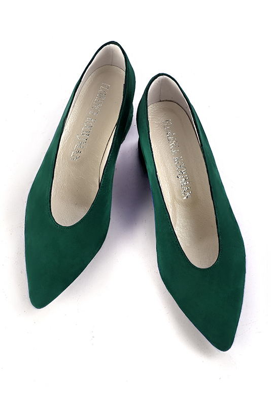 Forest green women's dress pumps, with a round neckline. Tapered toe. Low flare heels. Top view - Florence KOOIJMAN