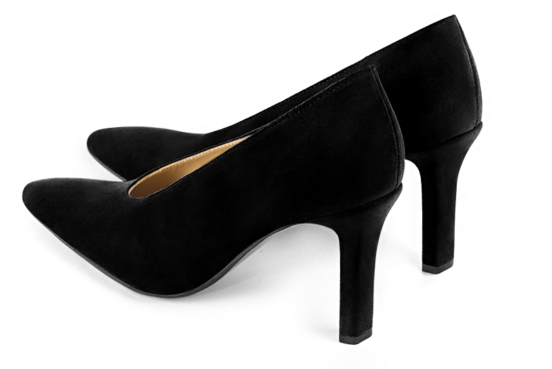 Matt black women's dress pumps, with a round neckline. Tapered toe. High slim heel. Rear view - Florence KOOIJMAN