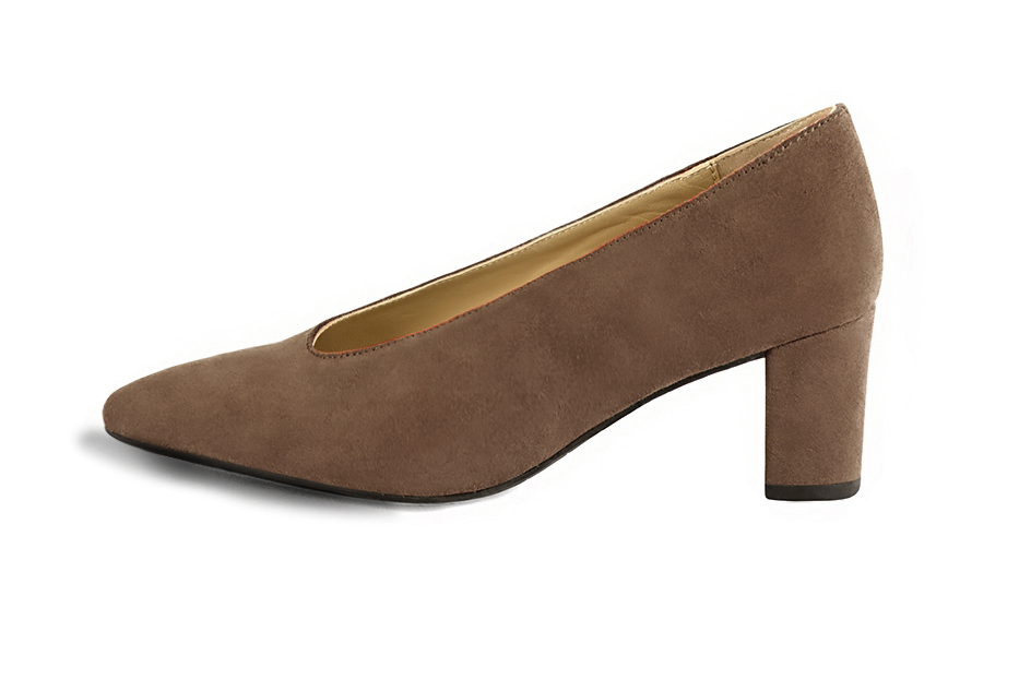 Chocolate brown women's dress pumps, with a round neckline. Tapered toe. Medium block heels. Profile view - Florence KOOIJMAN