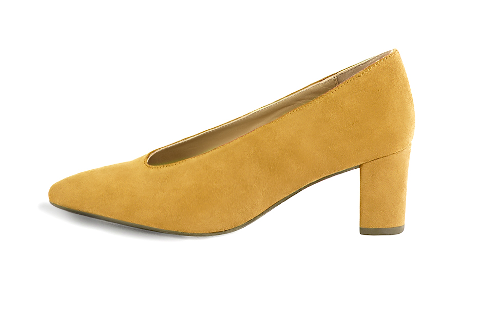 Mustard yellow women's dress pumps, with a round neckline. Tapered toe. Medium block heels. Profile view - Florence KOOIJMAN