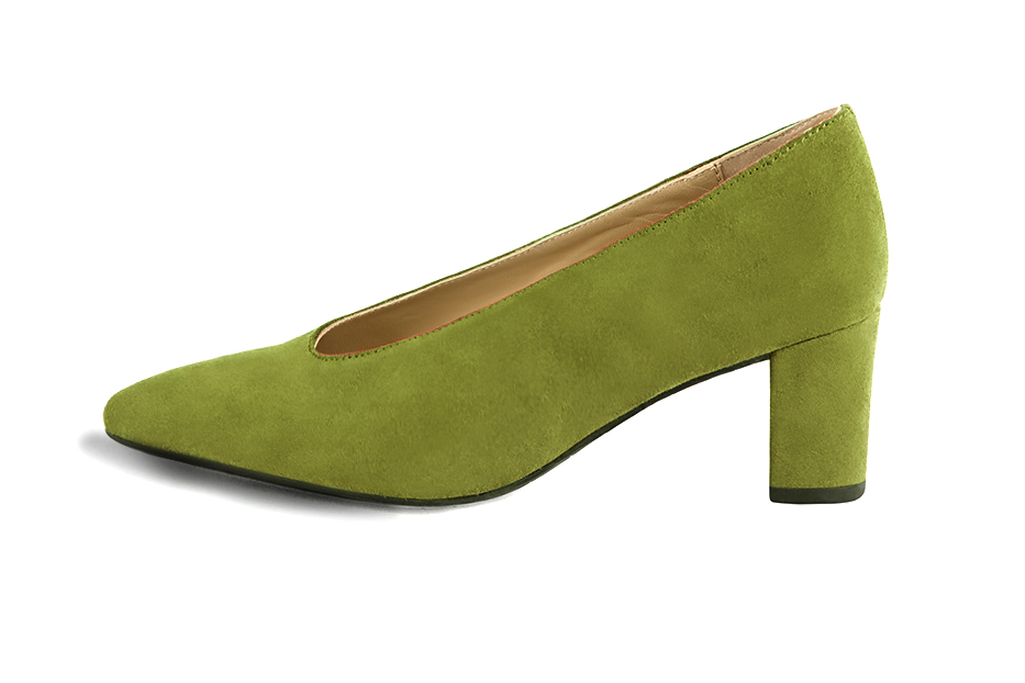 Pistachio green women's dress pumps, with a round neckline. Tapered toe. Medium block heels. Profile view - Florence KOOIJMAN