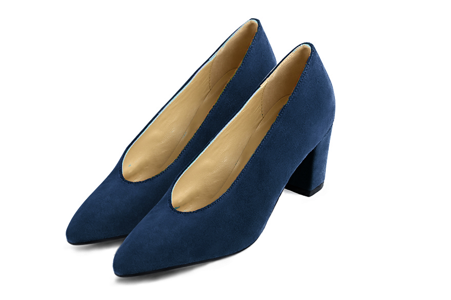 Navy blue women's dress pumps, with a round neckline. Tapered toe. Medium block heels. Front view - Florence KOOIJMAN
