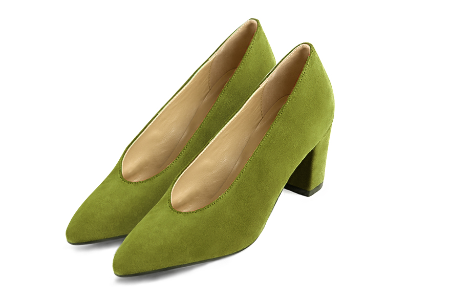 Pistachio green women's dress pumps, with a round neckline. Tapered toe. Medium block heels. Front view - Florence KOOIJMAN