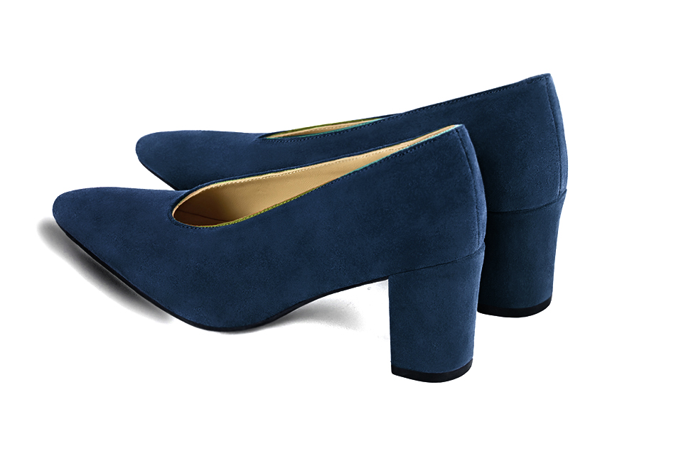 Navy blue women's dress pumps, with a round neckline. Tapered toe. Medium block heels. Rear view - Florence KOOIJMAN