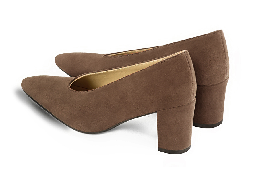 Chocolate brown women's dress pumps, with a round neckline. Tapered toe. Medium block heels. Rear view - Florence KOOIJMAN