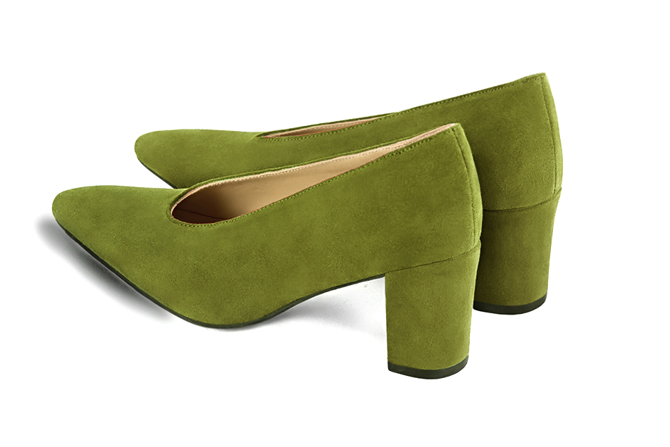 Pistachio green women's dress pumps, with a round neckline. Tapered toe. Medium block heels. Rear view - Florence KOOIJMAN
