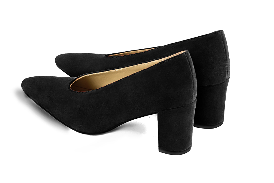 Matt black women's dress pumps, with a round neckline. Tapered toe. Medium block heels. Rear view - Florence KOOIJMAN
