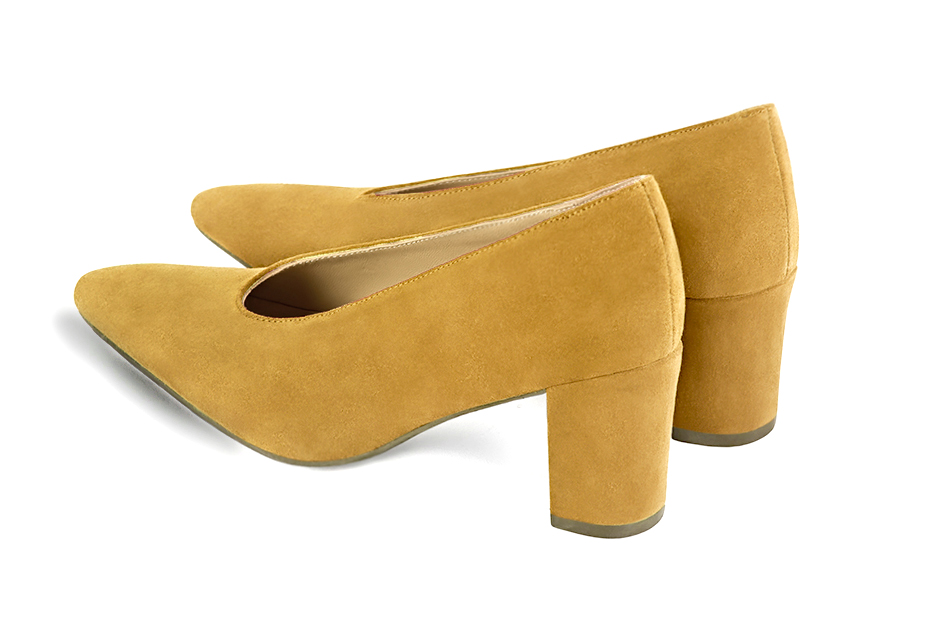 Mustard yellow women's dress pumps, with a round neckline. Tapered toe. Medium block heels. Rear view - Florence KOOIJMAN