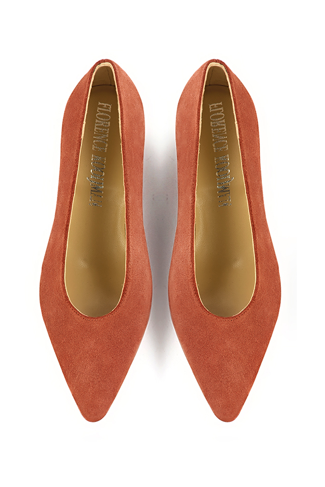Terracotta orange women's dress pumps, with a round neckline. Tapered toe. Medium block heels. Top view - Florence KOOIJMAN