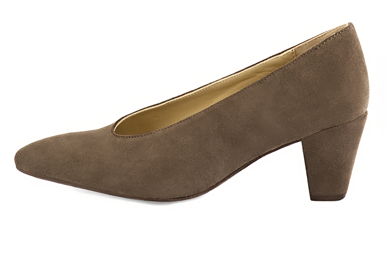 Chocolate brown women's dress pumps, with a round neckline. Tapered toe. Medium cone heels. Profile view - Florence KOOIJMAN