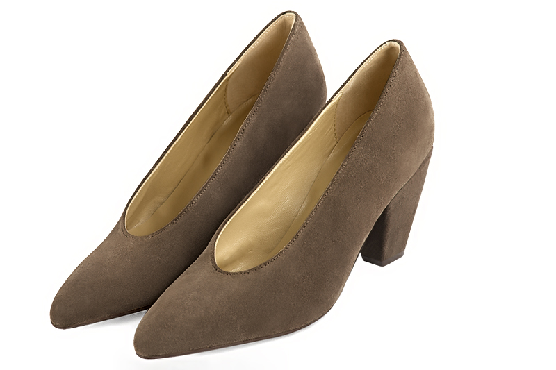 Chocolate brown women's dress pumps, with a round neckline. Tapered toe. Medium cone heels. Front view - Florence KOOIJMAN