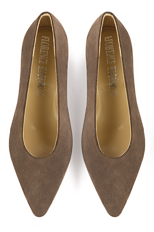Chocolate brown women's dress pumps, with a round neckline. Tapered toe. Medium cone heels. Top view - Florence KOOIJMAN