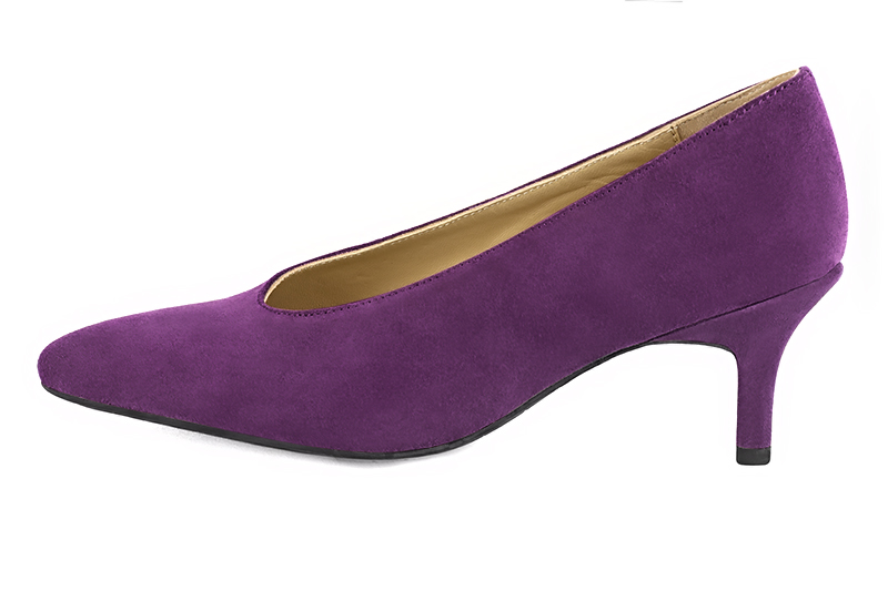 Amethyst purple women's dress pumps, with a round neckline. Tapered toe. Medium slim heel. Profile view - Florence KOOIJMAN