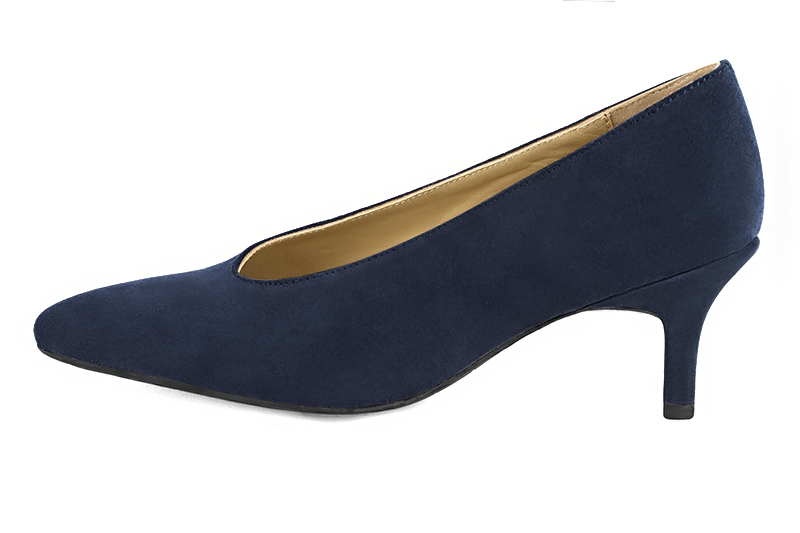 Navy blue women's dress pumps, with a round neckline. Tapered toe. Medium slim heel. Profile view - Florence KOOIJMAN