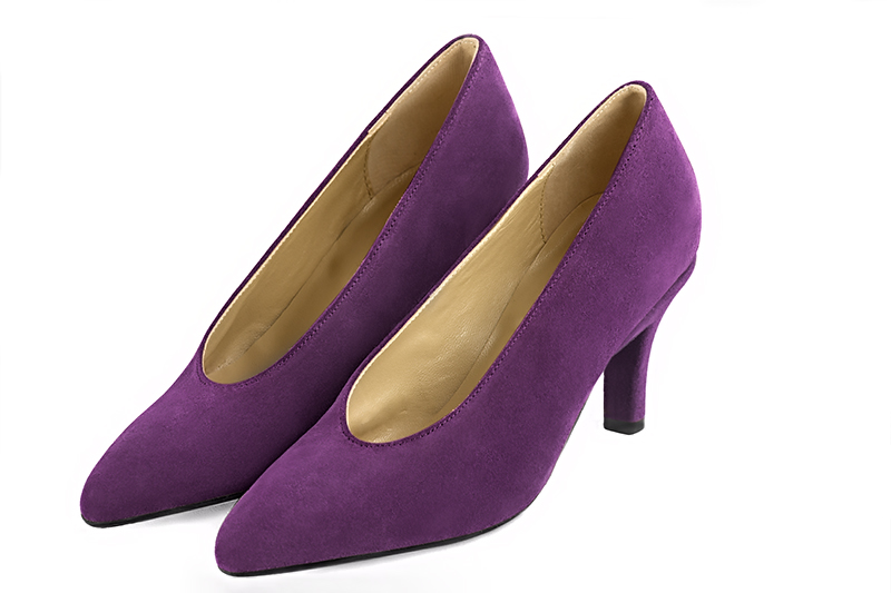 Amethyst purple women's dress pumps, with a round neckline. Tapered toe. Medium slim heel. Front view - Florence KOOIJMAN