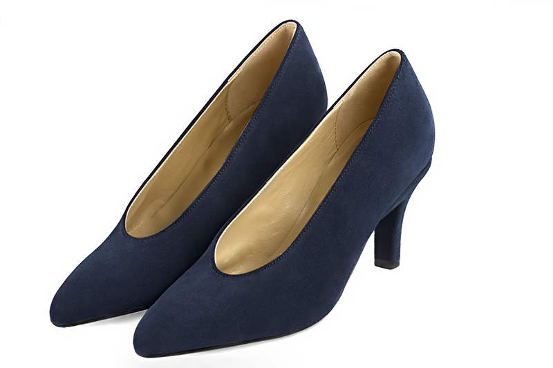 Navy blue women's dress pumps, with a round neckline. Tapered toe. Medium slim heel. Front view - Florence KOOIJMAN