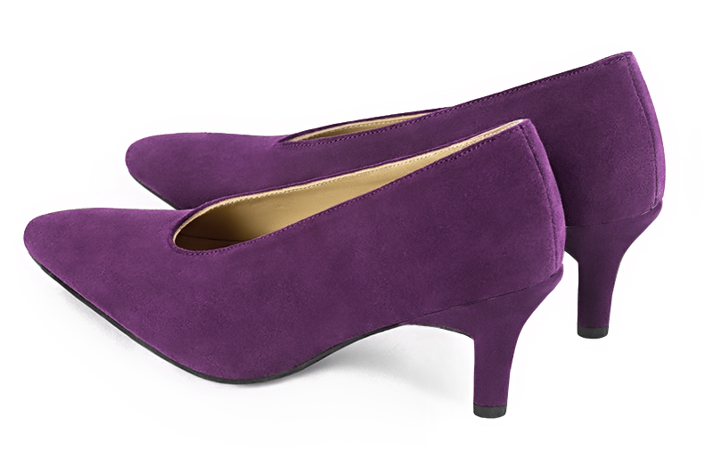 Amethyst purple women's dress pumps, with a round neckline. Tapered toe. Medium slim heel. Rear view - Florence KOOIJMAN