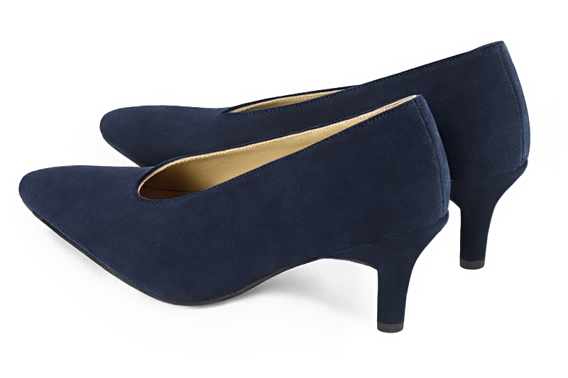 Navy blue women's dress pumps, with a round neckline. Tapered toe. Medium slim heel. Rear view - Florence KOOIJMAN
