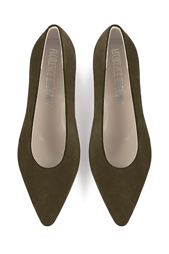 Khaki green women's dress pumps, with a round neckline. Tapered toe. Medium comma heels. Top view - Florence KOOIJMAN