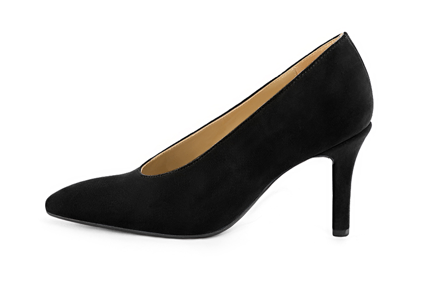 Matt black women's dress pumps, with a round neckline. Tapered toe. High slim heel. Profile view - Florence KOOIJMAN