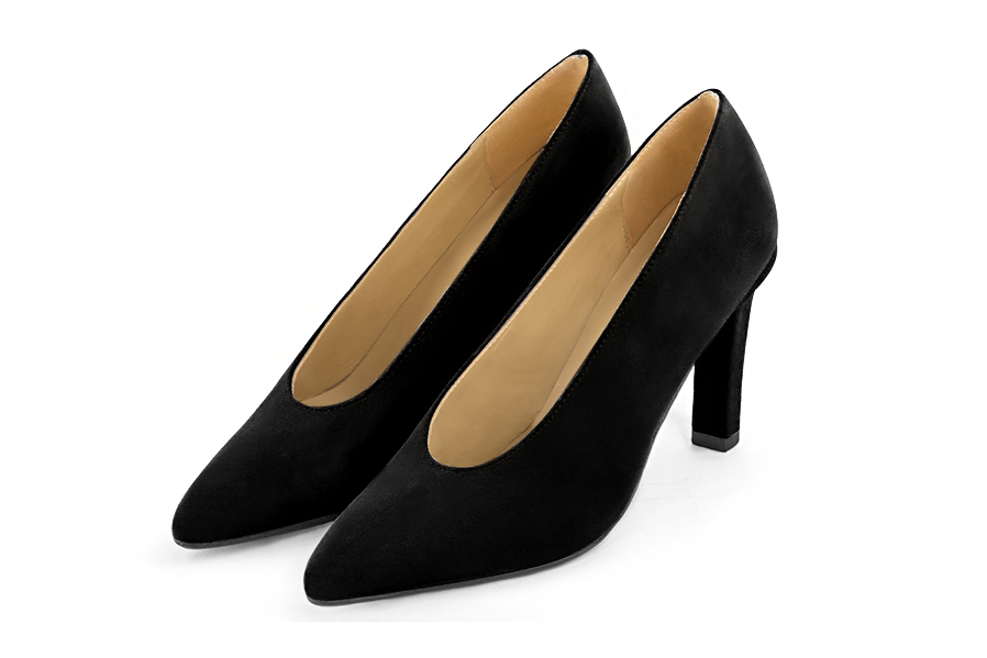 Matt black women's dress pumps, with a round neckline. Tapered toe. High slim heel. Front view - Florence KOOIJMAN