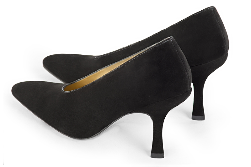 Matt black women's dress pumps, with a round neckline. Tapered toe. High spool heels. Rear view - Florence KOOIJMAN