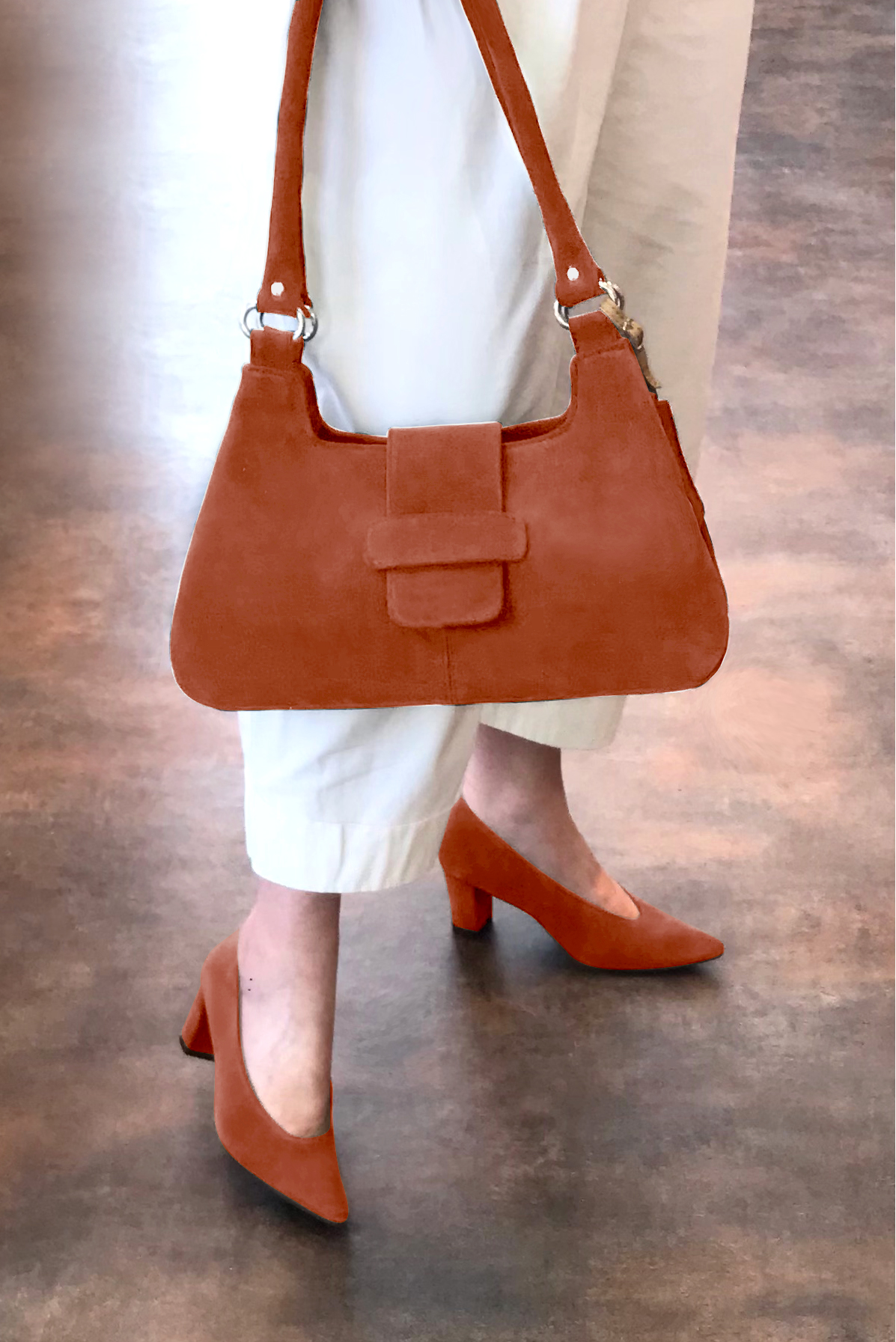 Terracotta orange women's dress pumps, with a round neckline. Tapered toe. Medium block heels. Worn view - Florence KOOIJMAN