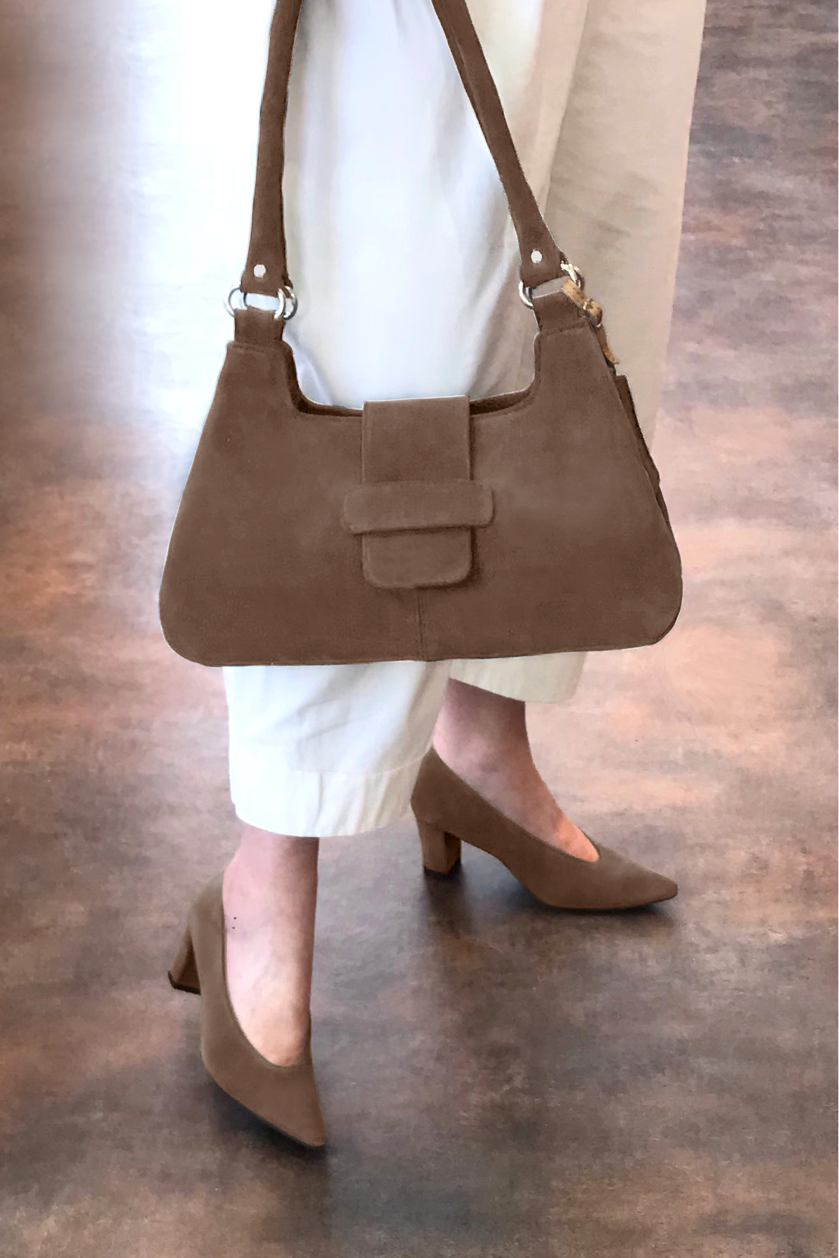 Chocolate brown women's dress pumps, with a round neckline. Tapered toe. Medium block heels. Worn view - Florence KOOIJMAN