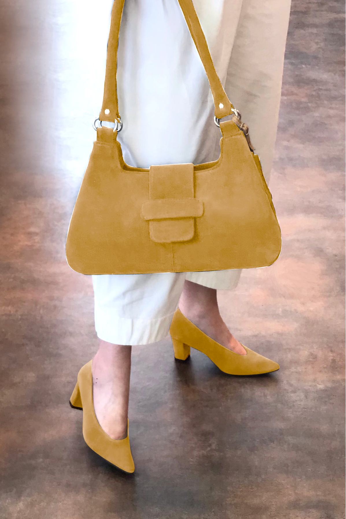 Mustard yellow women's dress pumps, with a round neckline. Tapered toe. Medium block heels. Worn view - Florence KOOIJMAN
