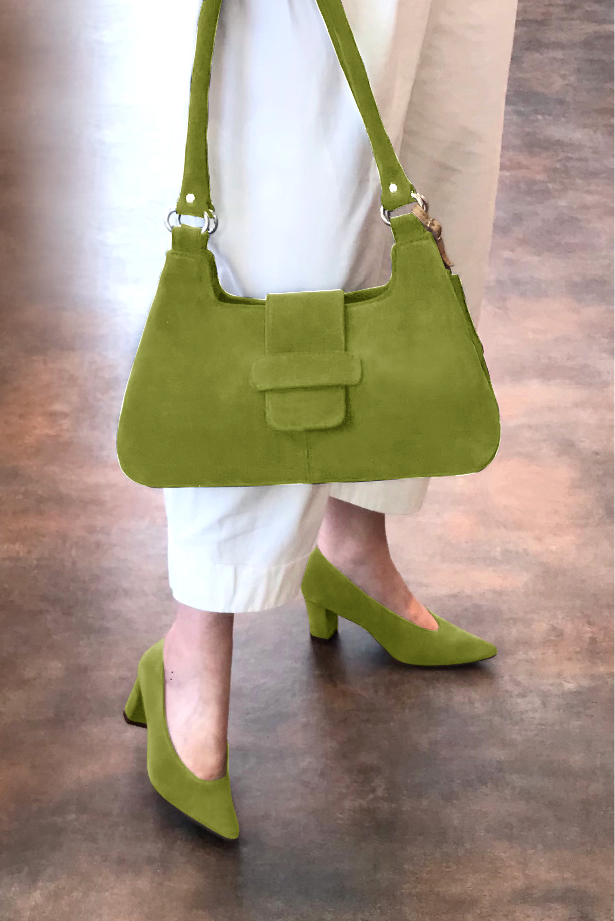Pistachio green women's dress pumps, with a round neckline. Tapered toe. Medium block heels. Worn view - Florence KOOIJMAN