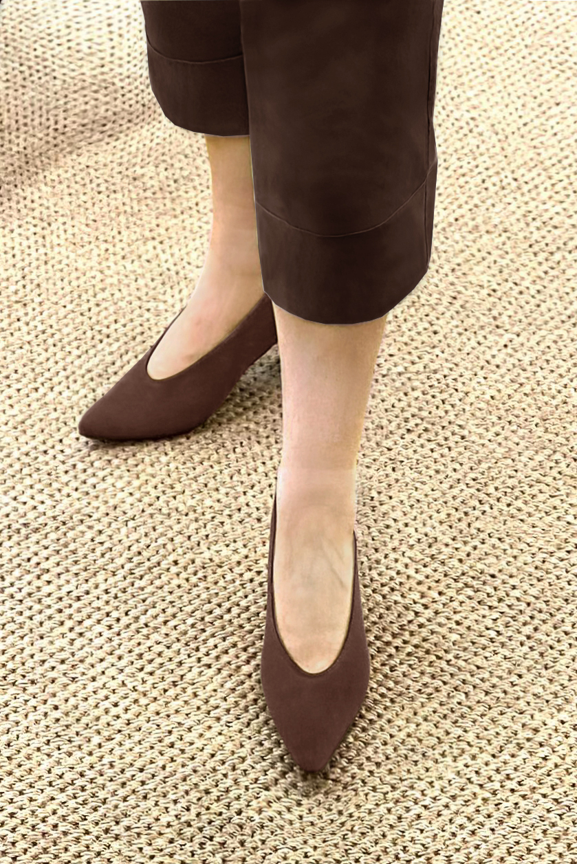 Dark brown women's dress pumps, with a round neckline. Tapered toe. Medium flare heels. Worn view - Florence KOOIJMAN