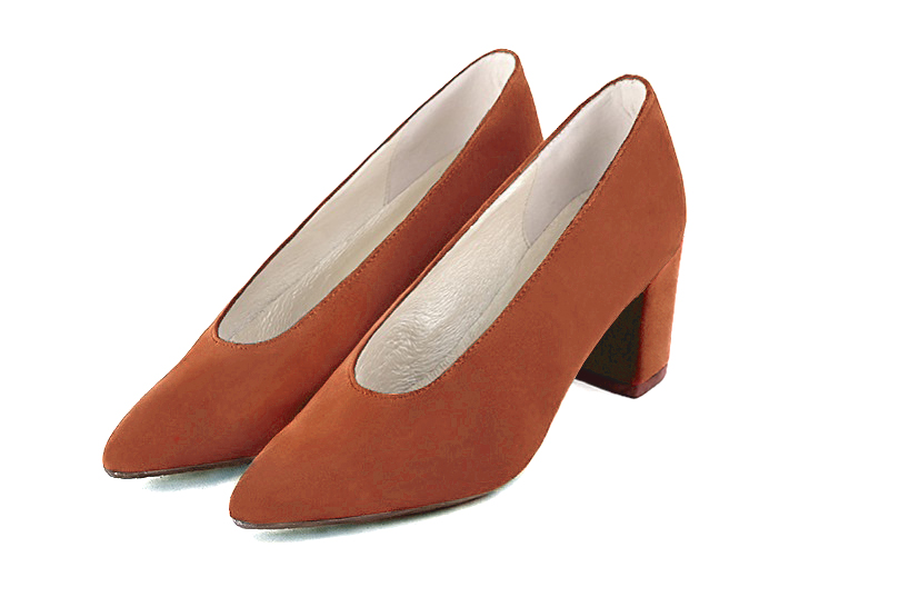 Terracotta orange women's dress pumps, with a round neckline. Tapered toe. Medium block heels. Front view - Florence KOOIJMAN