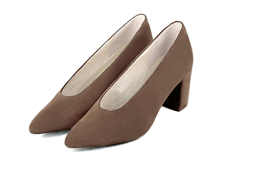 Chocolate brown women's dress pumps, with a round neckline. Tapered toe. Medium block heels. Front view - Florence KOOIJMAN