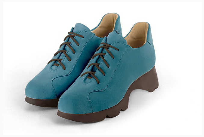 Peacock blue women's casual lace-up shoes.. Front view - Florence KOOIJMAN