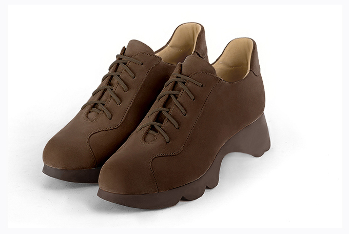 Chocolate brown women's casual lace-up shoes.. Front view - Florence KOOIJMAN