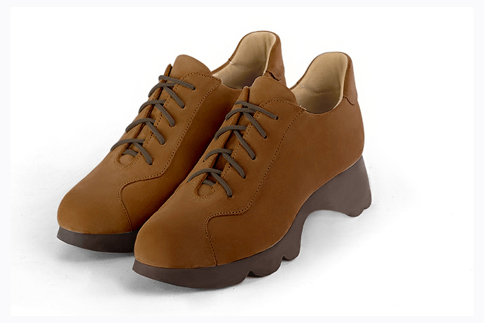 Caramel brown women's casual lace-up shoes.. Front view - Florence KOOIJMAN