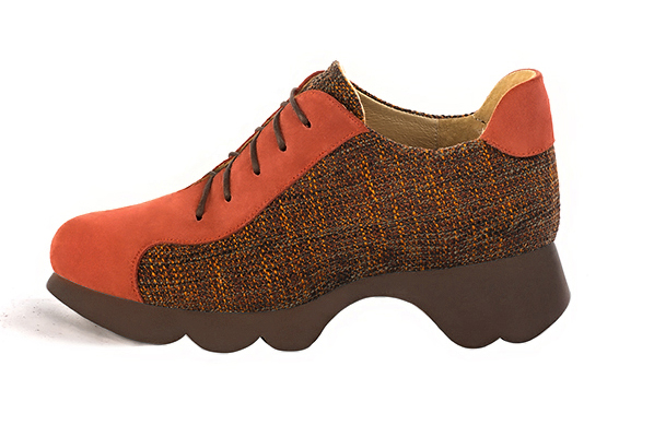 French elegance and refinement for these terracotta orange casual lace-up shoes, 
                available in many subtle leather and colour combinations. A cross between a derby and a trainer, this pretty model is a comfortable companion. 
                Matching clutches for parties, ceremonies and weddings.   
                You can customize these lace-up shoes to perfectly match your tastes or needs, and have a unique model.  
                Choice of leathers, colours, knots and heels. 
                Wide range of materials and shades carefully chosen.  
                Rich collection of flat, low, mid and high heels.  
                Small and large shoe sizes - Florence KOOIJMAN