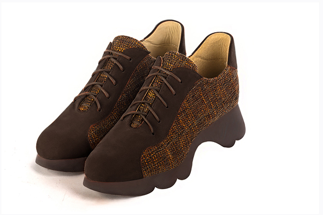 Dark brown and terracotta orange women's casual lace-up shoes.. Front view - Florence KOOIJMAN