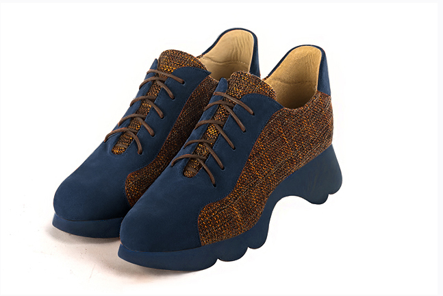 Navy blue and terracotta orange women's casual lace-up shoes.. Front view - Florence KOOIJMAN