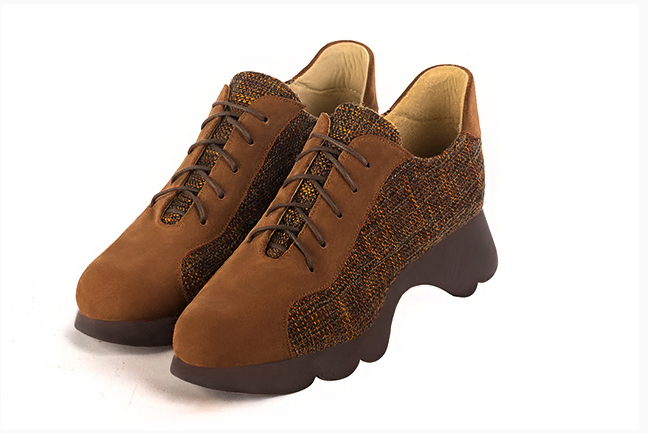 Caramel brown and terracotta orange women's casual lace-up shoes.. Front view - Florence KOOIJMAN