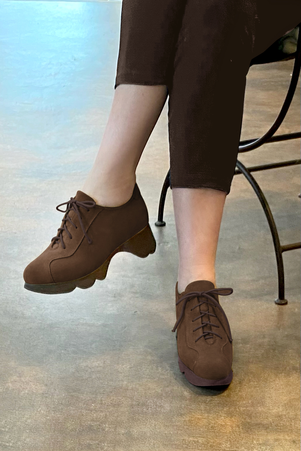 Chocolate brown women's casual lace-up shoes.. Worn view - Florence KOOIJMAN