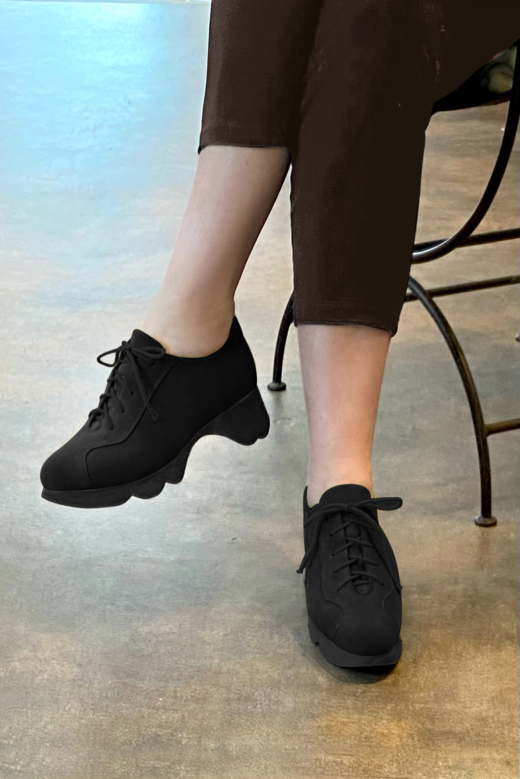 Matt black women's casual lace-up shoes.. Worn view - Florence KOOIJMAN