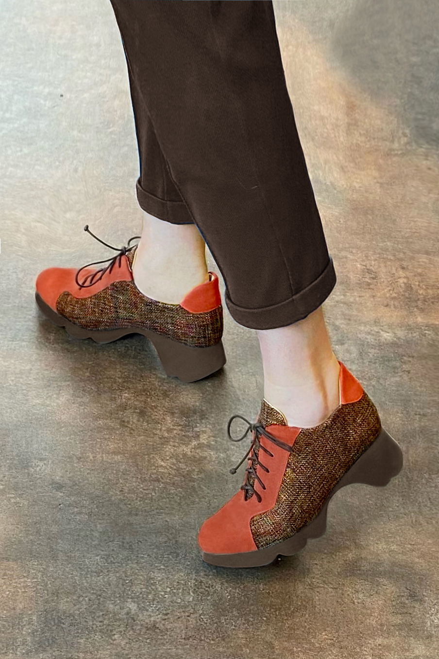Terracotta orange women's casual lace-up shoes.. Worn view - Florence KOOIJMAN