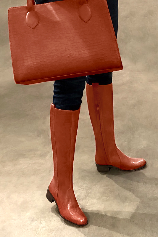 Terracotta orange women's riding knee-high boots. Round toe. Low leather soles. Made to measure. Worn view - Florence KOOIJMAN