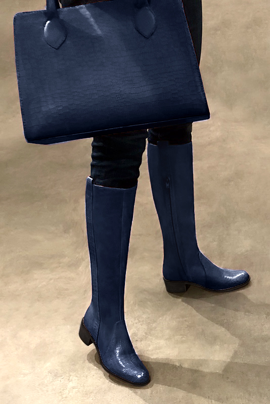 Navy blue women's riding knee-high boots. Round toe. Low leather soles. Made to measure. Worn view - Florence KOOIJMAN