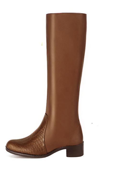 Caramel brown women's riding knee-high boots. Round toe. Low leather soles. Made to measure. Profile view - Florence KOOIJMAN