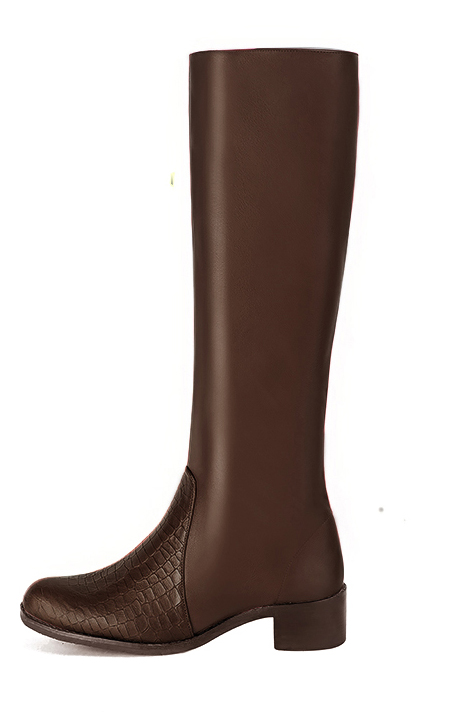 Dark brown women's riding knee-high boots. Round toe. Low leather soles. Made to measure. Profile view - Florence KOOIJMAN