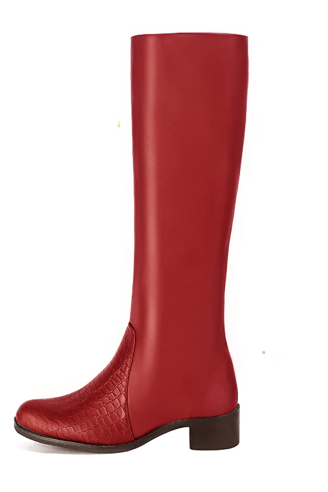 Scarlet red women's riding knee-high boots. Round toe. Low leather soles. Made to measure. Profile view - Florence KOOIJMAN